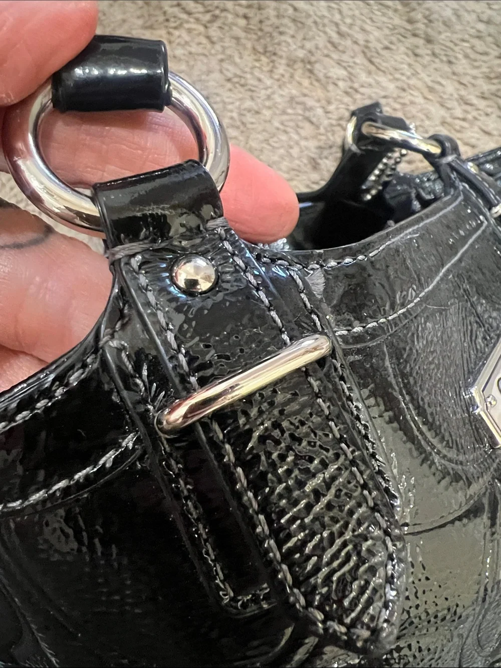 COACH Black Patent Leather Embossed C Large Tote Bag